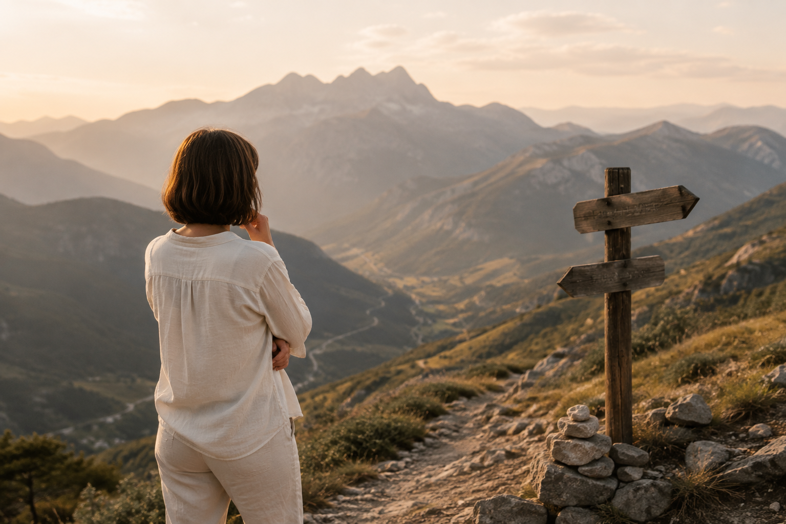 Frau vor einer weiten Landschaft mit Wegweisern als Symbol für berufliche Neuorientierung und einen realistischen nächsten Schritt