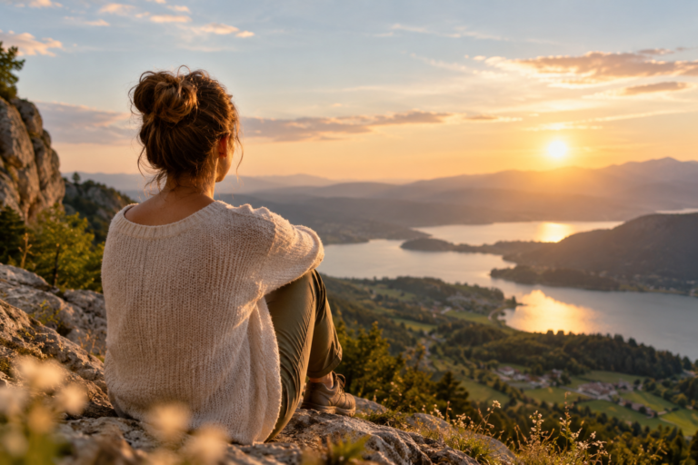 Frau im Sonnenuntergang über dem Tal