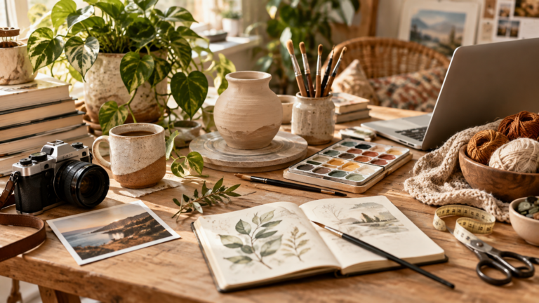 Sonnendurchflutetes Atelier mit Kreativutensilien